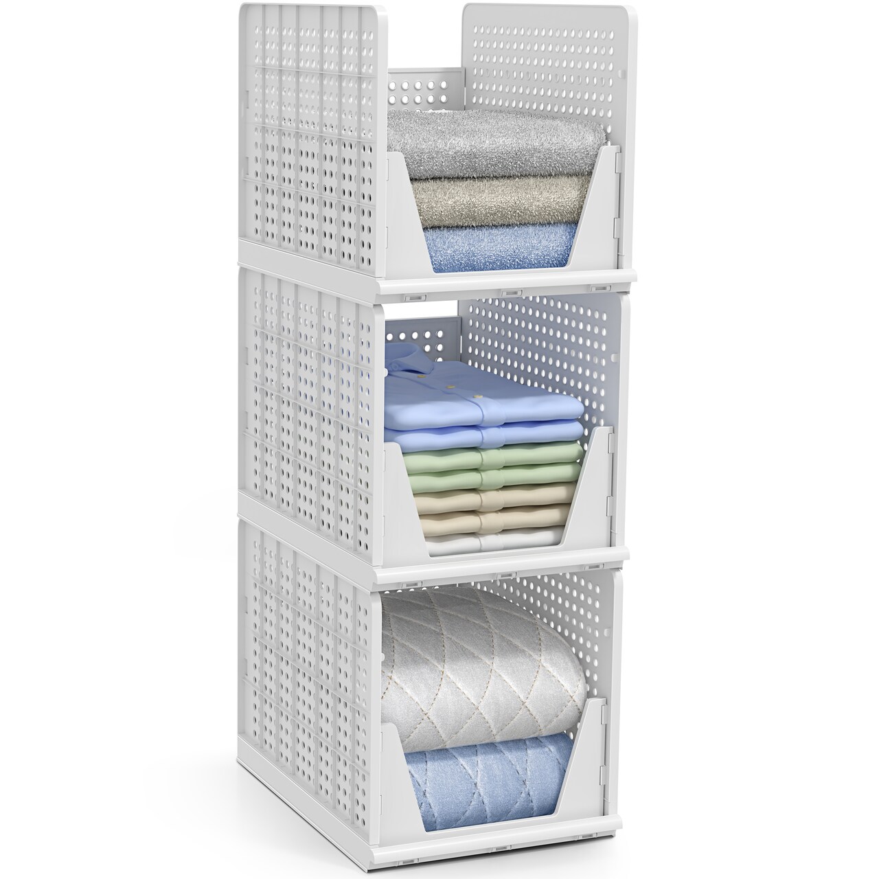 Sorbus 3 Tier Open Front Plastic Stackable Baskets Stand - for Closets, Bedrooms, Bathrooms, or Pantries